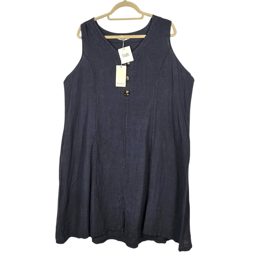 Alessia Pacini Navy Blue 100% Linen Sleeveless‎ Midi Dress Made in Italy 2X NWT